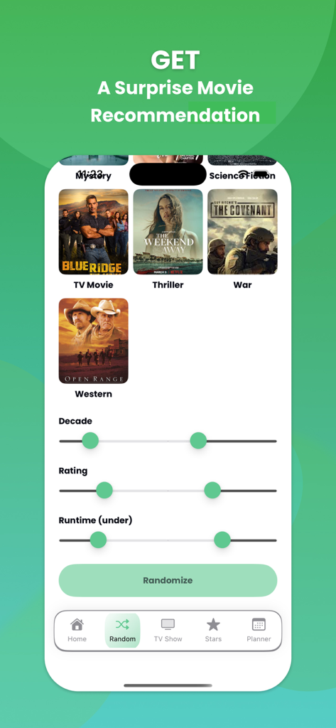Interface do aplicativo Movie Boxes mostrando filtros para gerar recomendações de filmes aleatórios por gênero, década e classificação.