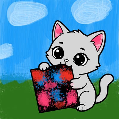 a small cat with a blank sheet of paper in its hand. the cat is sooooooo cute!