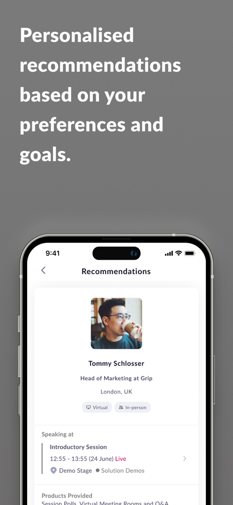 Packaging Plus - Packaging Plus app screen displaying personalized professional recommendations for event networking