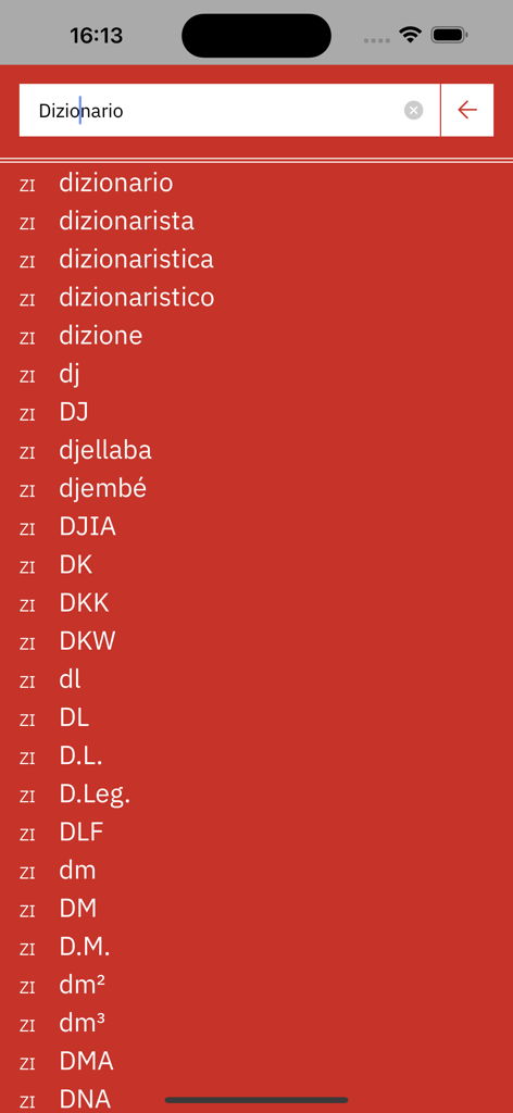 La interfaz de búsqueda de la aplicación de diccionarios Zanichelli que muestra una lista de palabras italianas que comienzan con dizionario.