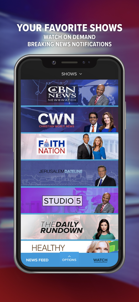 Smartphone screen displaying a list of on-demand news shows in the CBN News app