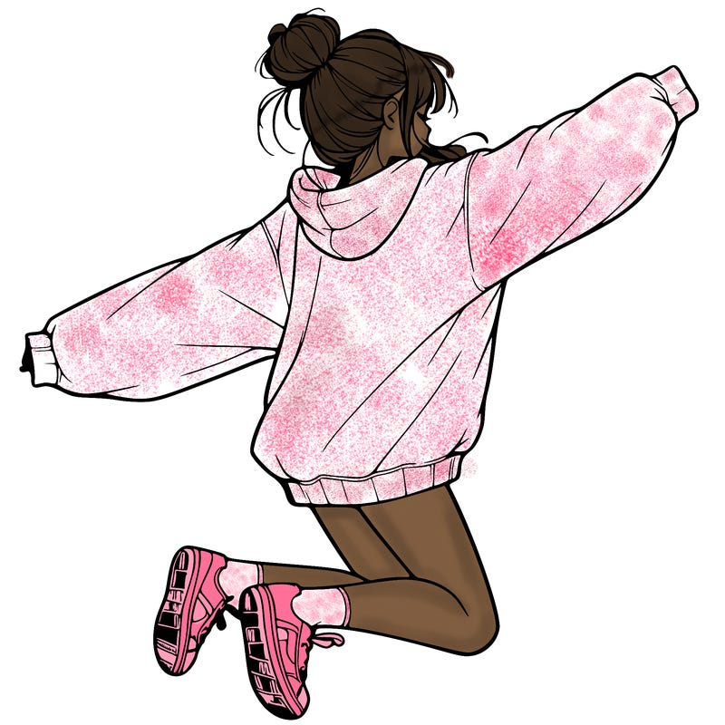 realistic girl jumping with a bun and oversized sweatshirt