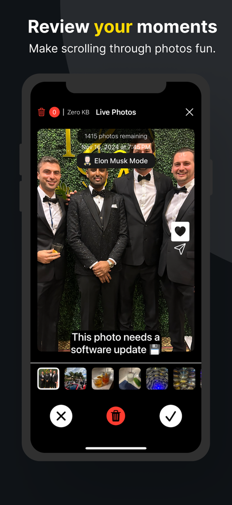 Photo Dump AI - Interface do aplicativo Photo Dump AI mostrando uma foto em grupo com o recurso Modo Elon Musk e opções para manter ou excluir