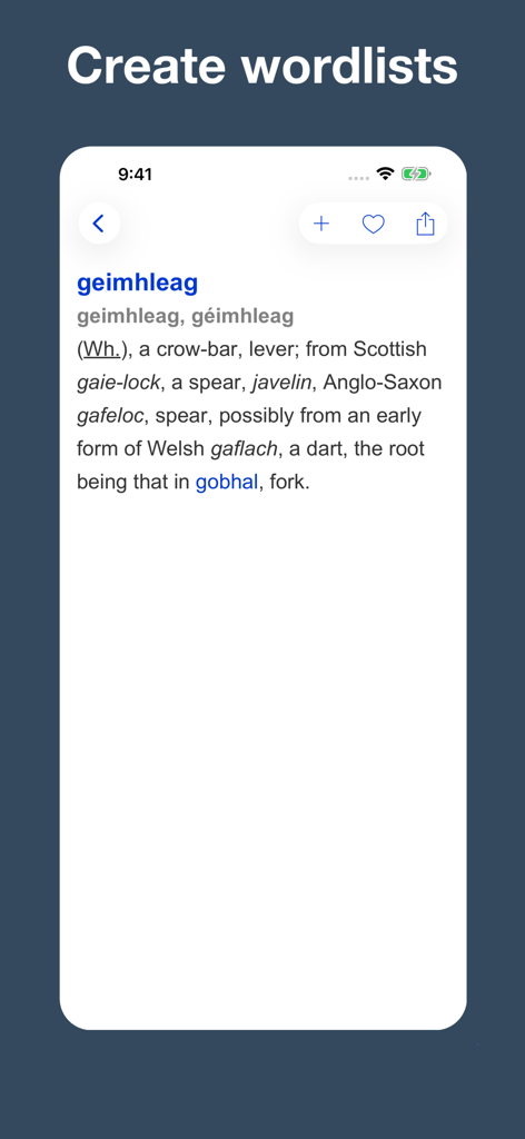 Gaelic etymology dictionary - Gaelic etymology dictionary app interface showing the origin and definition of the word geimhleag