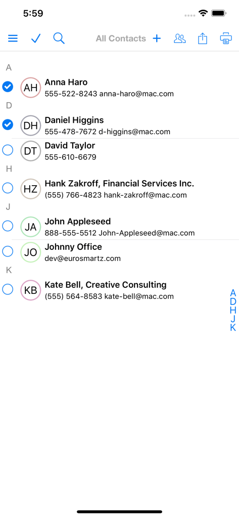 Tela da lista de contatos no aplicativo Print n Share Pro com opções de seleção e impressão
