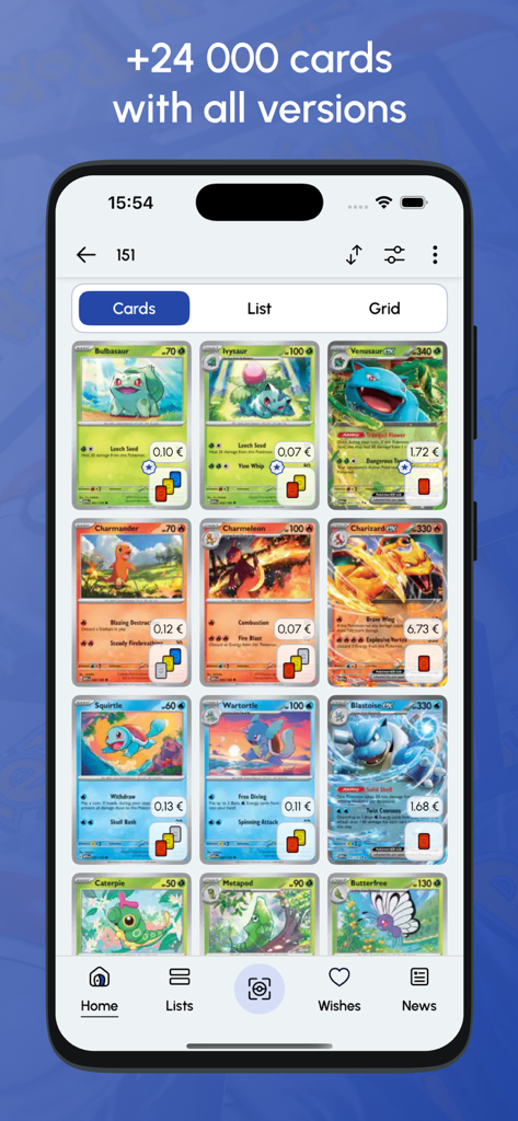 Pokécardex - A grid view of Pokemon cards from the 151 set in the Pokécardex app showing market prices and collection status.