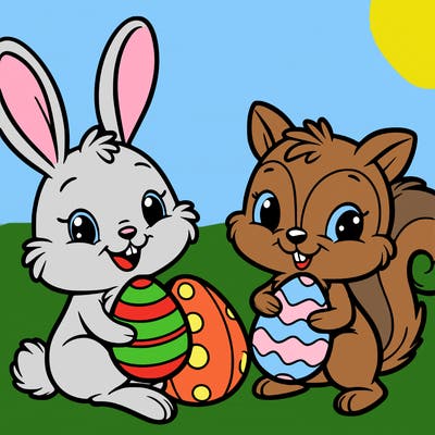 a bunny and a squirrel, both holding easter eggs and smiling.