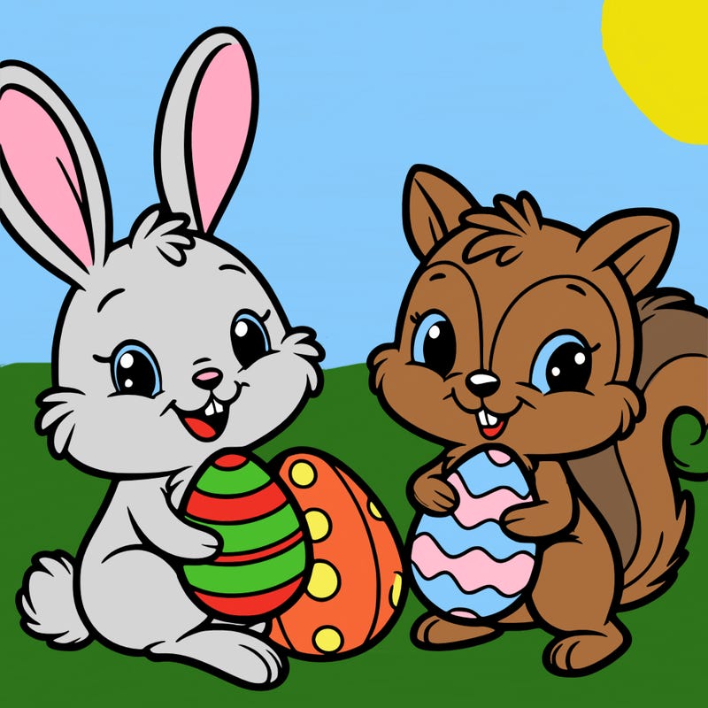 a bunny and a squirrel, both holding easter eggs and smiling.