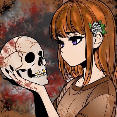 girl holding a skull realistic