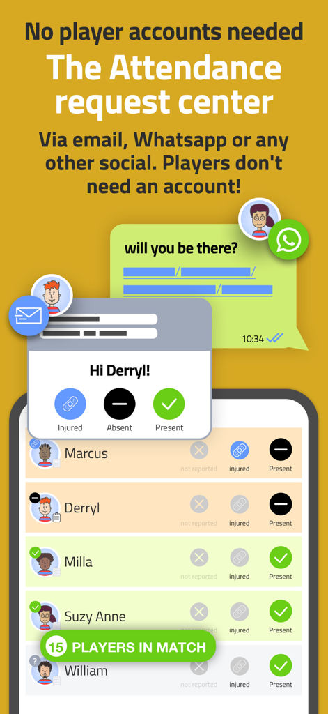 Coach Amigo app interface for tracking soccer player attendance and availability requests without requiring accounts