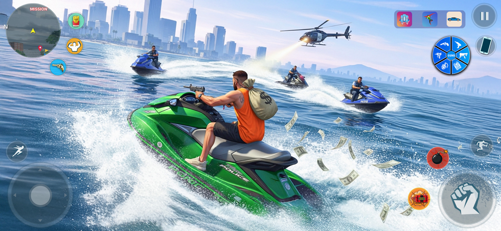 Grand Wars City: Gang Hero 3D - Personaje gánster en una moto acuática con una bolsa de dinero siendo perseguido por un helicóptero en una ciudad 3D de mundo abierto