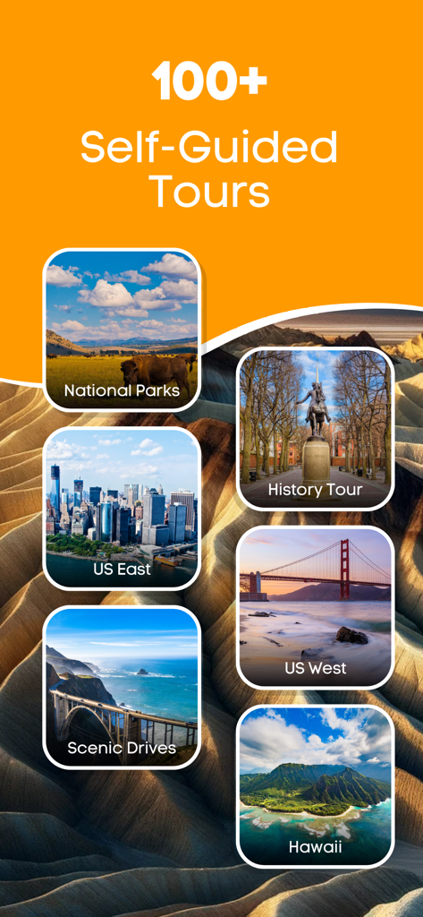 Screenshot showing a list of over 100 self guided audio tours including National Parks Scenic Drives and US regional categories