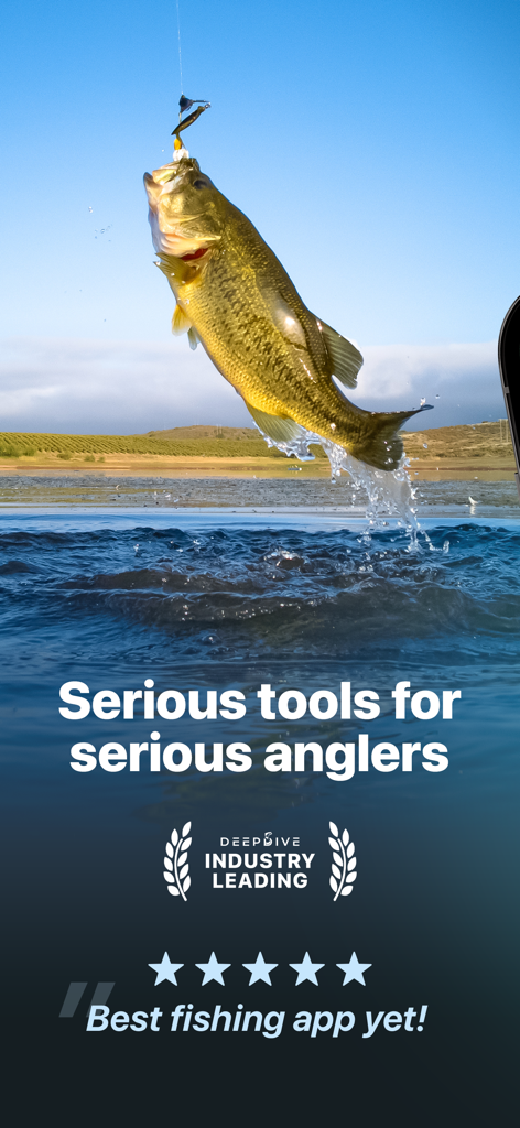 A bass fish jumping out of the water with a lure, promoting Deep Dive fishing tools for serious anglers.