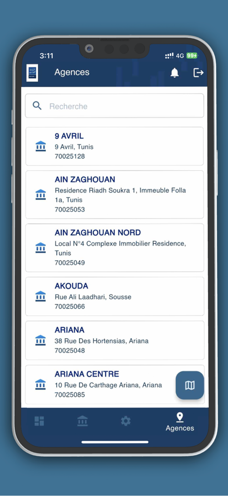 BT Mobile - Banque de Tunisie branch locator showing a list of bank locations with addresses and contact information in the BT Mobile app