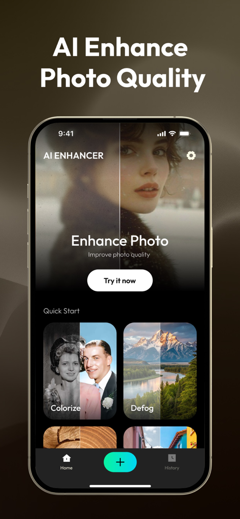 Clear Photos - Image Clearer - Interfaz de la aplicación potenciadora de fotos con IA que muestra funciones de restauración y colorización de imágenes