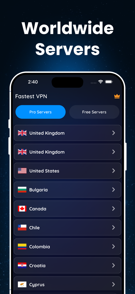 Free VPN - Fast Proxy Master - Worldwide server locations list on the Free VPN Fast Proxy Master app for iPhone