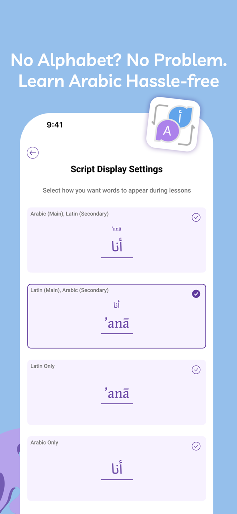 Script display settings in the Aralects app allowing users to learn Arabic with Latin phonetics or Arabic script.