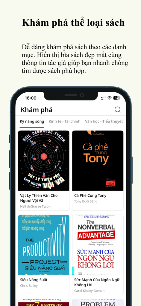 VnBuk: Sách hay chọn lọc - VnBukアプリのディスカバリー画面。Cà Phê Cùng TonyやSiêu Năng Suấtなどのベトナム語の書籍カバーやさまざまな書籍カテゴリが表示されています。