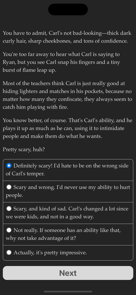 Text-based gameplay screen from Psy High showing a narrative scene and player choice options
