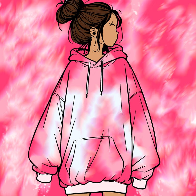 realistic girl with a oversized sweatshirt on and a bun