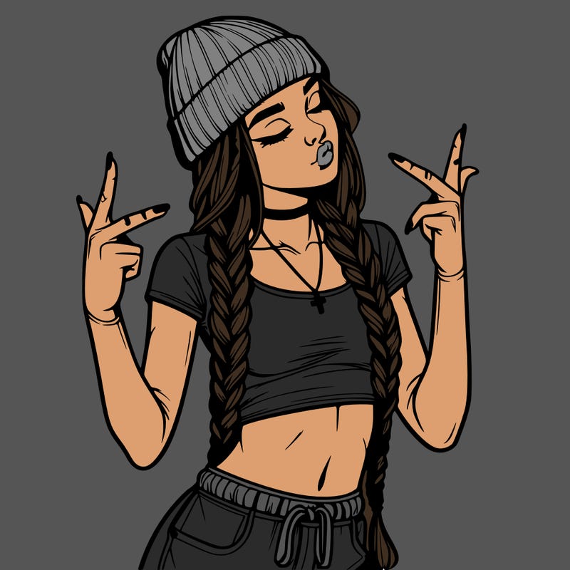 realistic teenage girl with braids and a beanie and crop top doing 🫶🏼