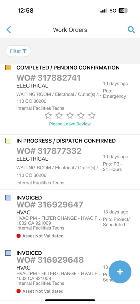 ServiceChannel - Mobile dashboard view of the ServiceChannel app displaying a list of facility maintenance work orders with different statuses such as completed and in progress