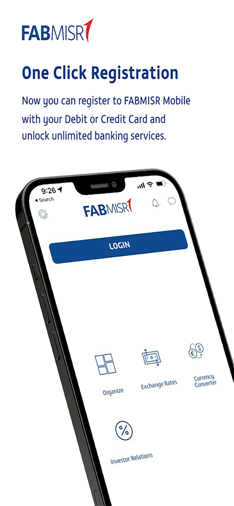 FABMISR Mobile - FABMISR Mobile app registration screen showing easy one click sign up with a debit or credit card