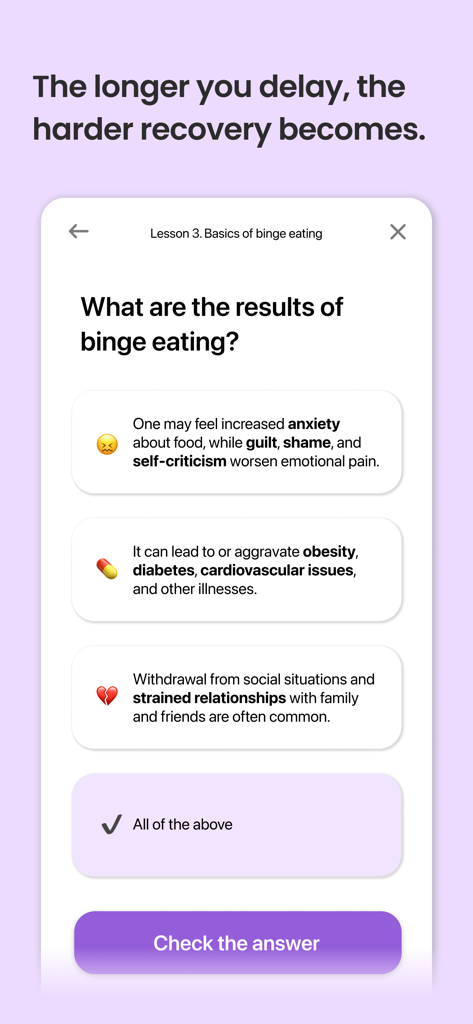 Educational lesson quiz screen in the R.care app asking about the physical and emotional results of binge eating.