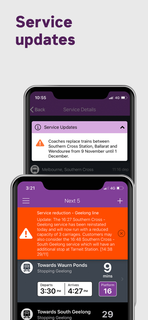 V Line mobile app interface showing real-time service updates and train departure times for Victoria Australia
