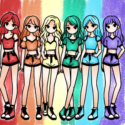 a group of girls wearing crop tops and shorts