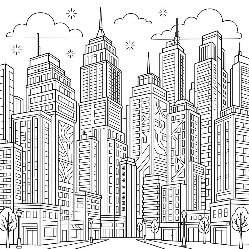 Take a colorful journey through a bustling metropolis with this exciting skyscraper coloring page! Designed specifically for kids, it features impressive tall buildings and a lively urban landscape ready for imagination.