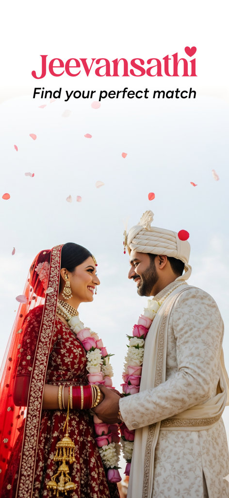 A bride and groom in traditional Indian wedding attire looking at each other for Jeevansathi matrimony app