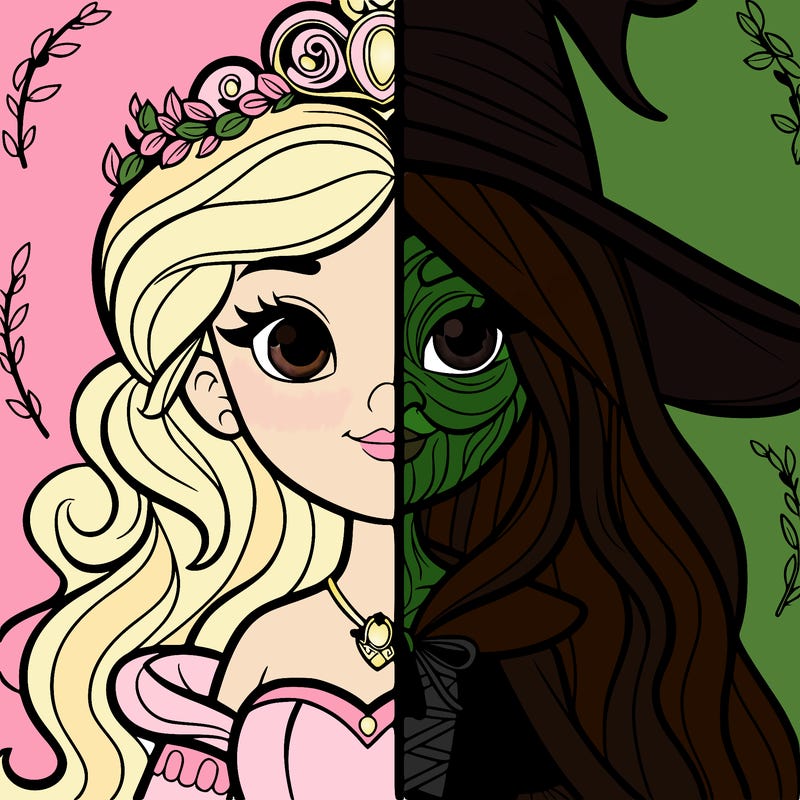 detailed realistic split of a princess and a witch