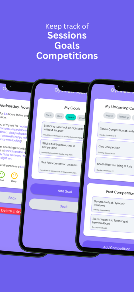The Vault: Gymnastics - Tres pantallas de smartphone mostrando reflexiones de sesiones de gimnasia, seguimiento de objetivos para la viga de equilibrio y próximos horarios de competencias sobre un fondo morado.