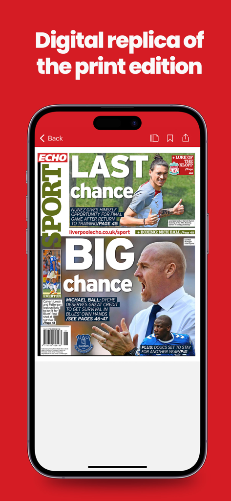 Liverpool Echo Newspaper - Réplica digital de la edición impresa del Liverpool Echo en la pantalla de un smartphone que muestra la sección de deportes