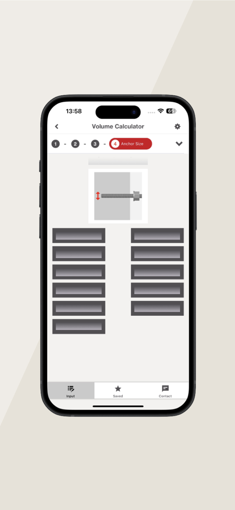 Hilti Volume Calculator - Interface for selecting the anchor size in the Hilti Volume Calculator app
