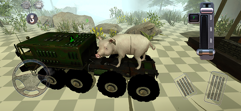 泥泞运输模拟驾驶卡车拉猪 - Captura de pantalla del juego de simulación de camiones que muestra un camión grande transportando un cerdo en un terreno a cuadros.