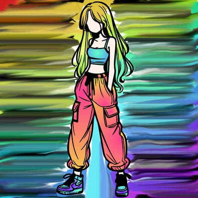 girl in baggy pants crop top and long hair