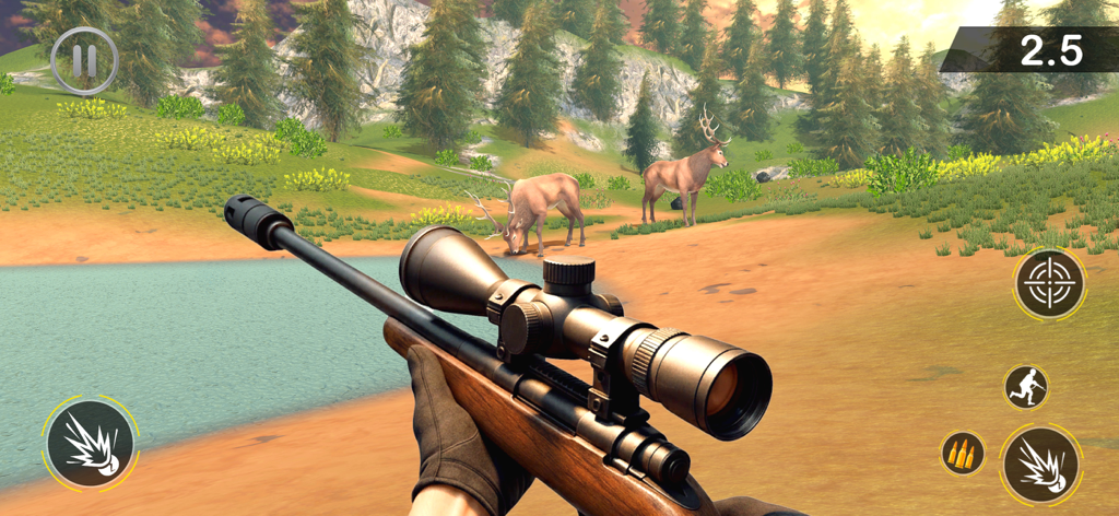 Sniper Hunting Games 2026 - First person view of a sniper rifle aiming at deer in a forest hunting simulation game