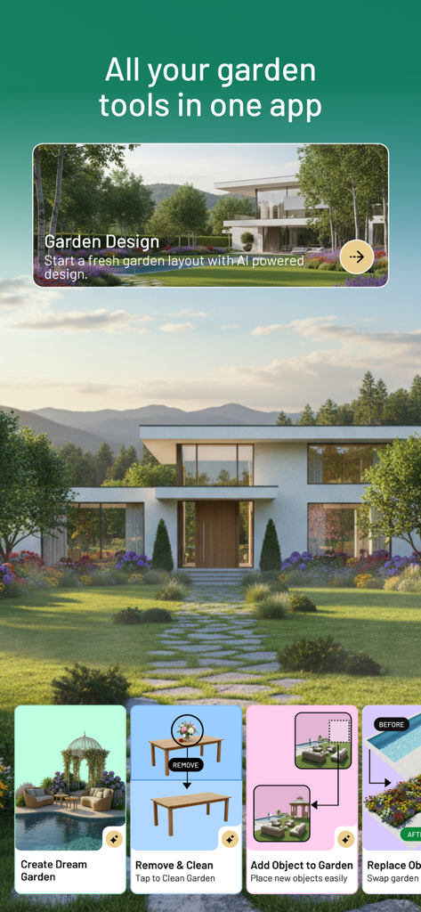 App-Oberfläche, die KI-Gartendesign-Tools zeigt, einschließlich Objektentfernung und Landschaftsplanung