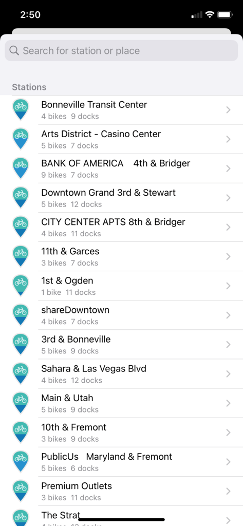 RTC Bike Share - Eine Liste der RTC Bike Share Stationen in Las Vegas mit Echtzeit-Verfügbarkeit von Fahrrädern und Docks für jeden Standort.
