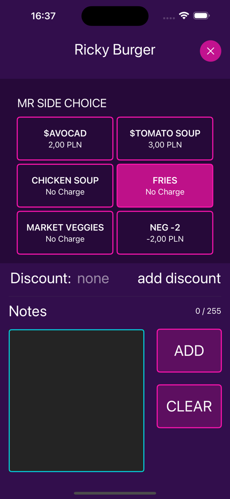 Beachy F&B - Interface do aplicativo Beachy F&B mostrando a seleção de acompanhamentos do menu e a seção de notas do pedido para um pedido de restaurante.