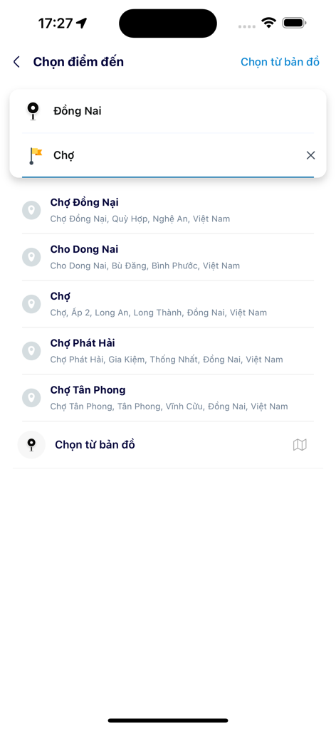 911 Taxi - Destination selection screen in the 911 Taxi mobile app showing location search and suggestions in Vietnamese