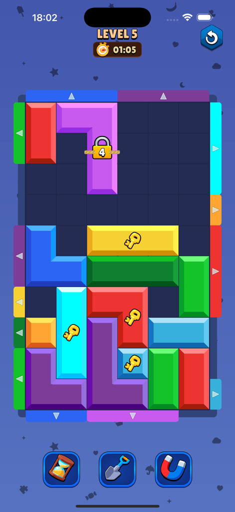 Color Block Jam Games - Pantalla de jugabilidad de Color Block Jam mostrando coloridos bloques en forma de L con llaves y potenciadores de puzzle en el nivel cinco