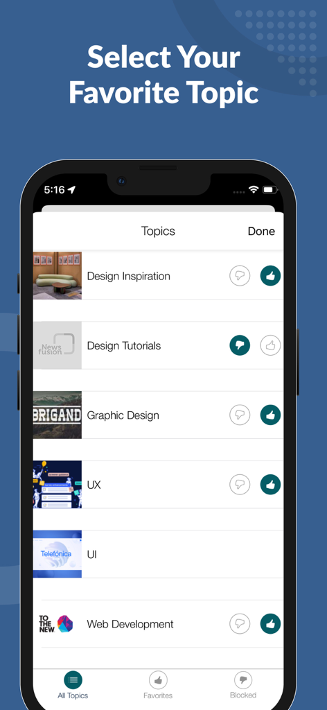 Pantalla de personalización en la aplicación Design News mostrando una lista de temas creativos para marcar como favoritos o bloquear