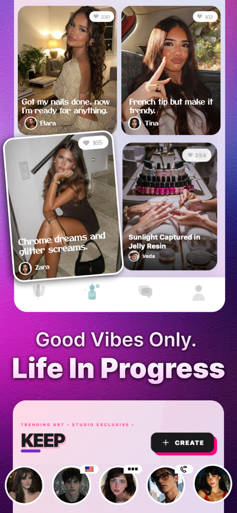 Keep - Vivid Chat - Feed de redes sociales de la aplicación Keep mostrando fotos de arte de uñas publicadas por usuarias y perfiles de la comunidad