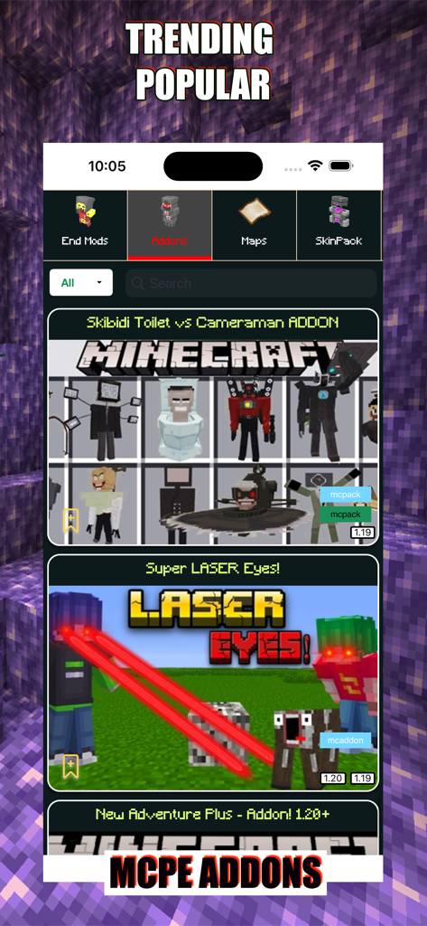Pixelmon Addons - Minecraft PE - A menu of trending popular Minecraft PE addons and mods featuring Skibidi Toilet and Laser Eyes characters.