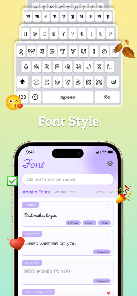 Fonts Art: Keyboard Fonts - Preview of artistic font styles and customizable keyboard in the Fonts Art app
