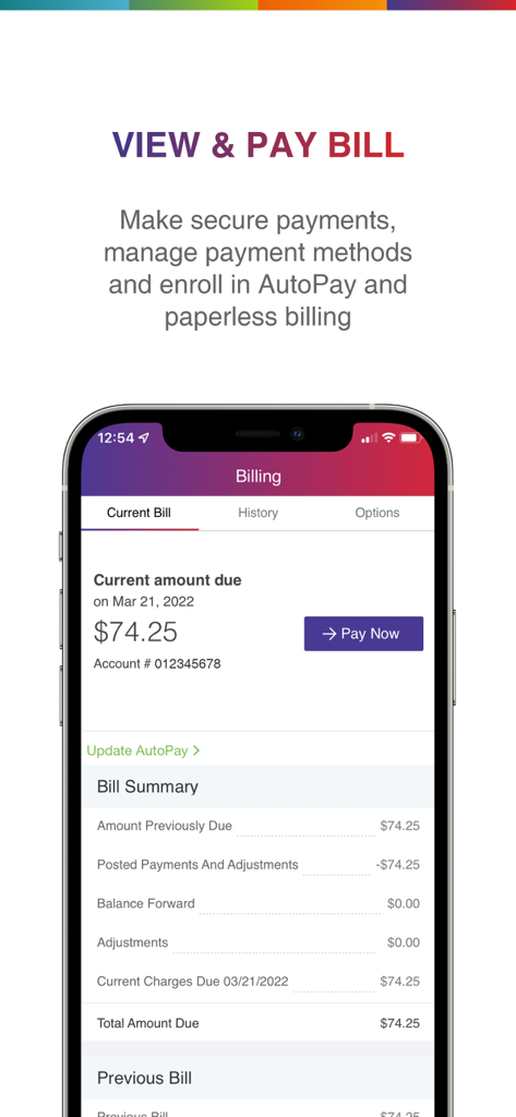 Go Kinetic app screen showing bill summary current amount due and pay now button