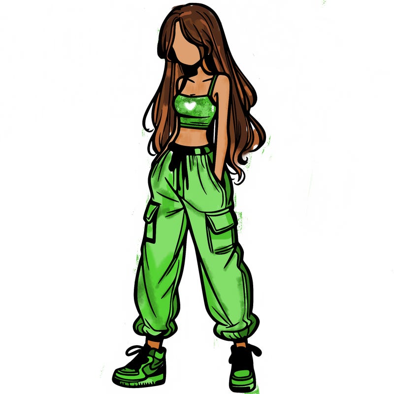 girl in baggy pants crop top and long hair
